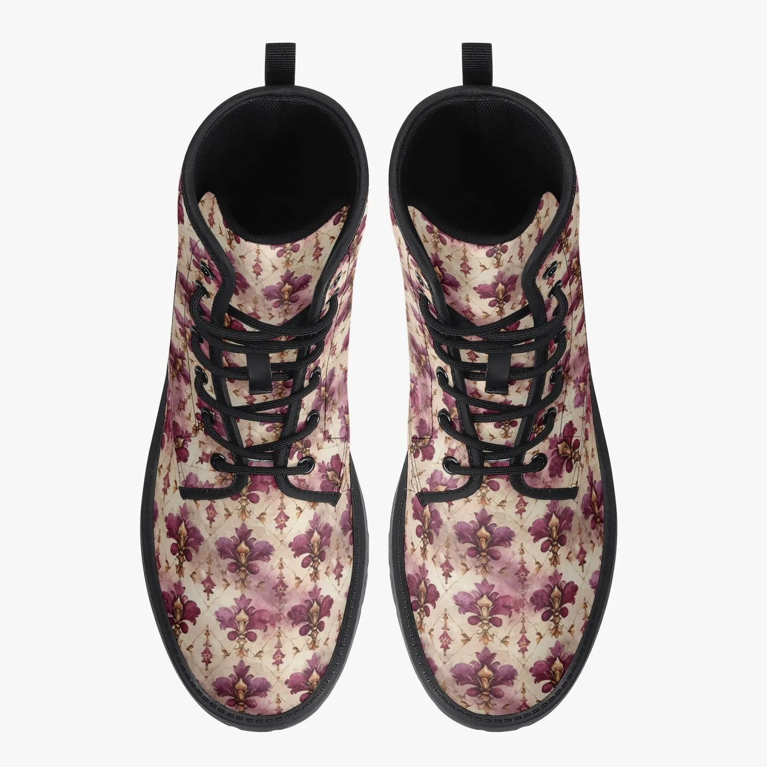 White Pink Damask Leather Combat Boots