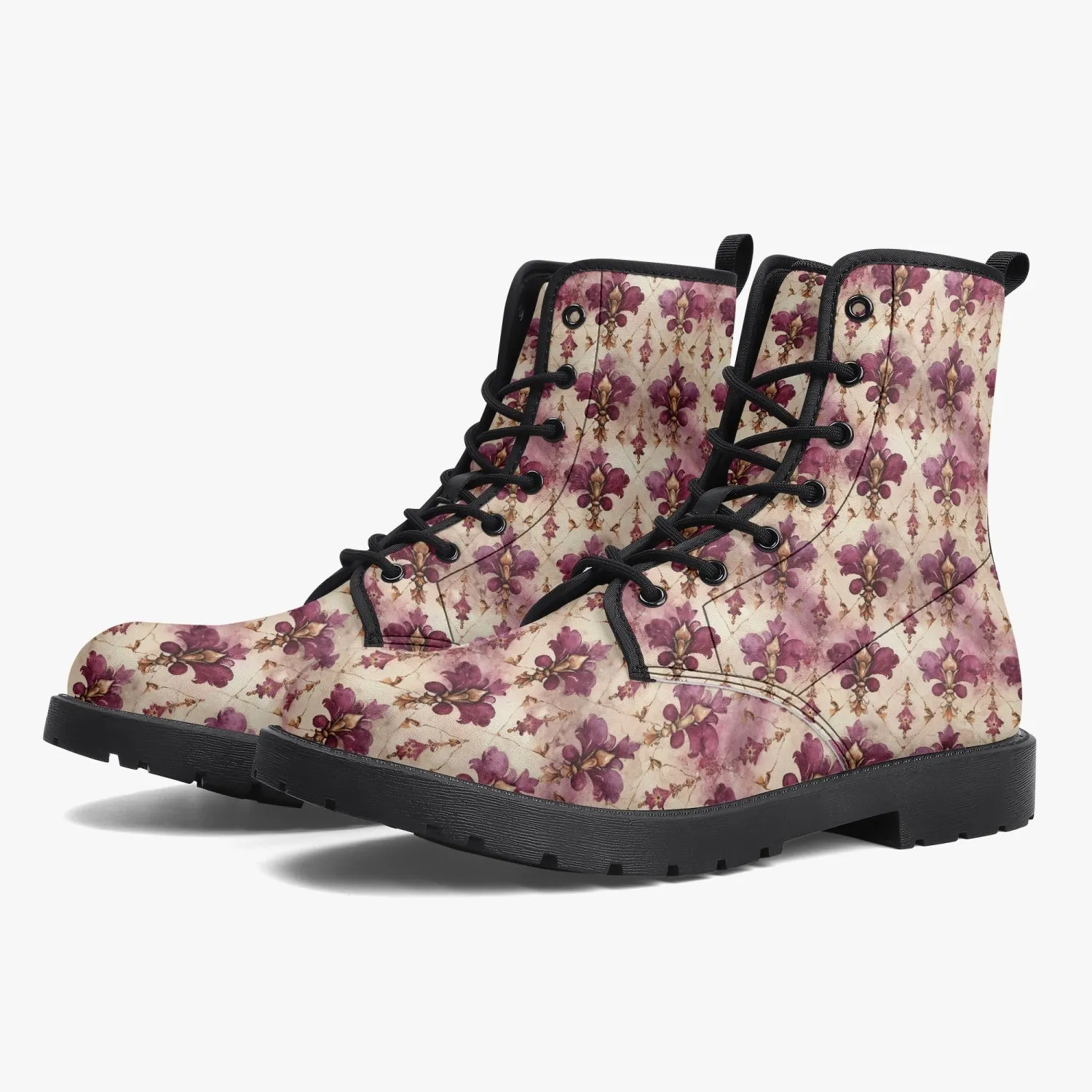 White Pink Damask Leather Combat Boots