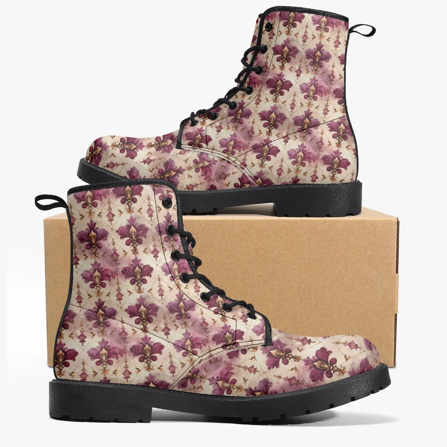 White Pink Damask Leather Combat Boots