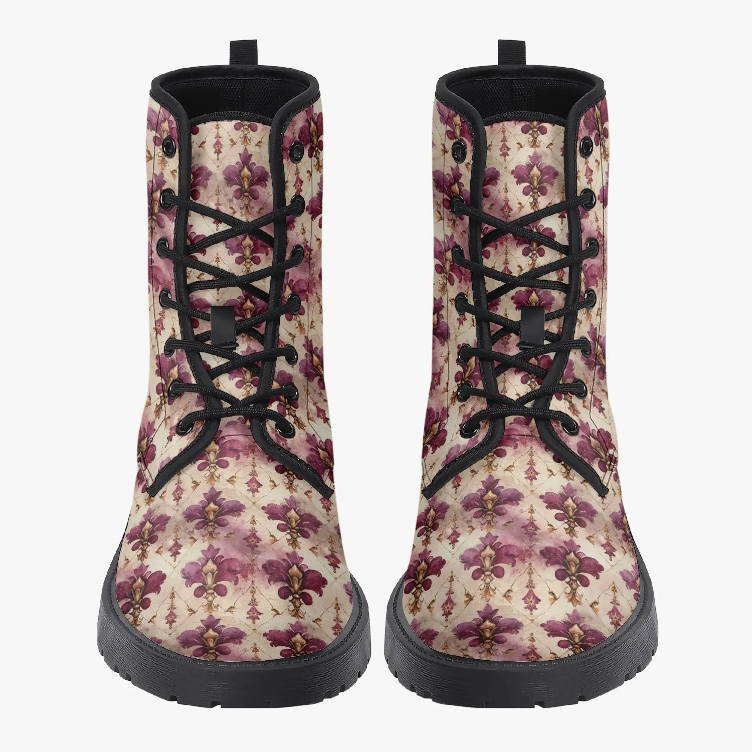 White Pink Damask Leather Combat Boots