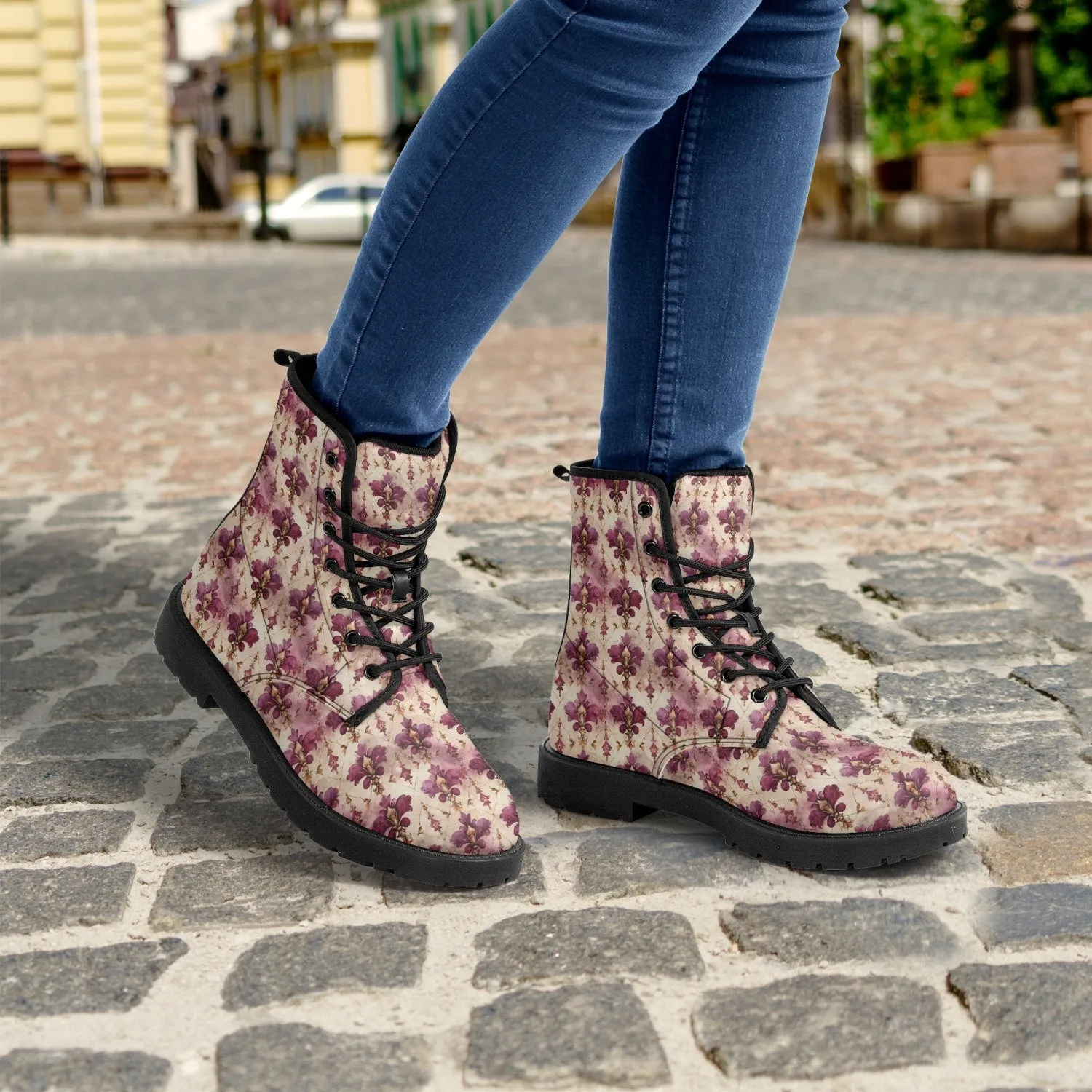 White Pink Damask Leather Combat Boots