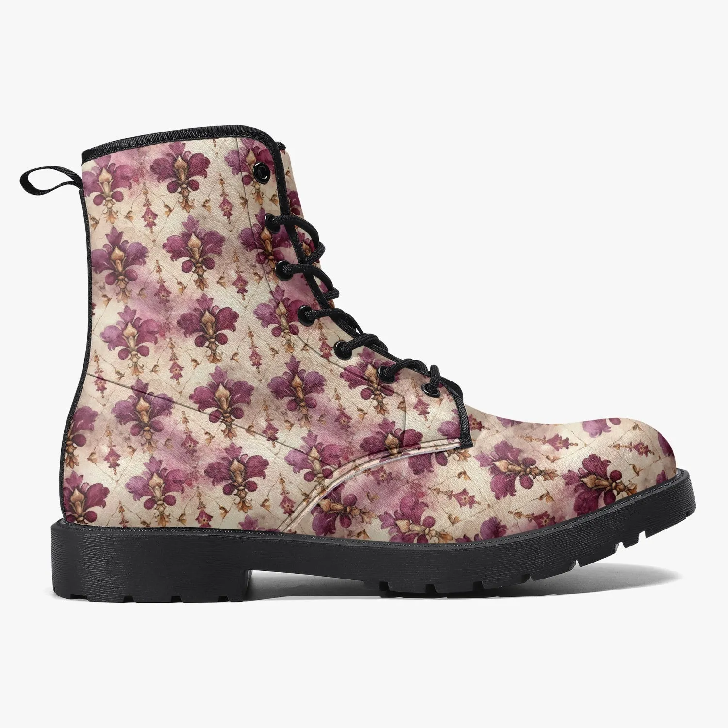 White Pink Damask Leather Combat Boots