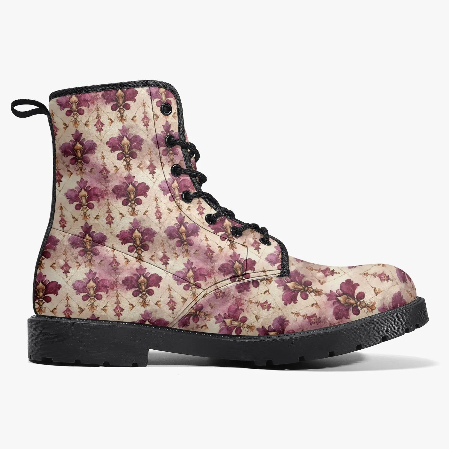 White Pink Damask Leather Combat Boots