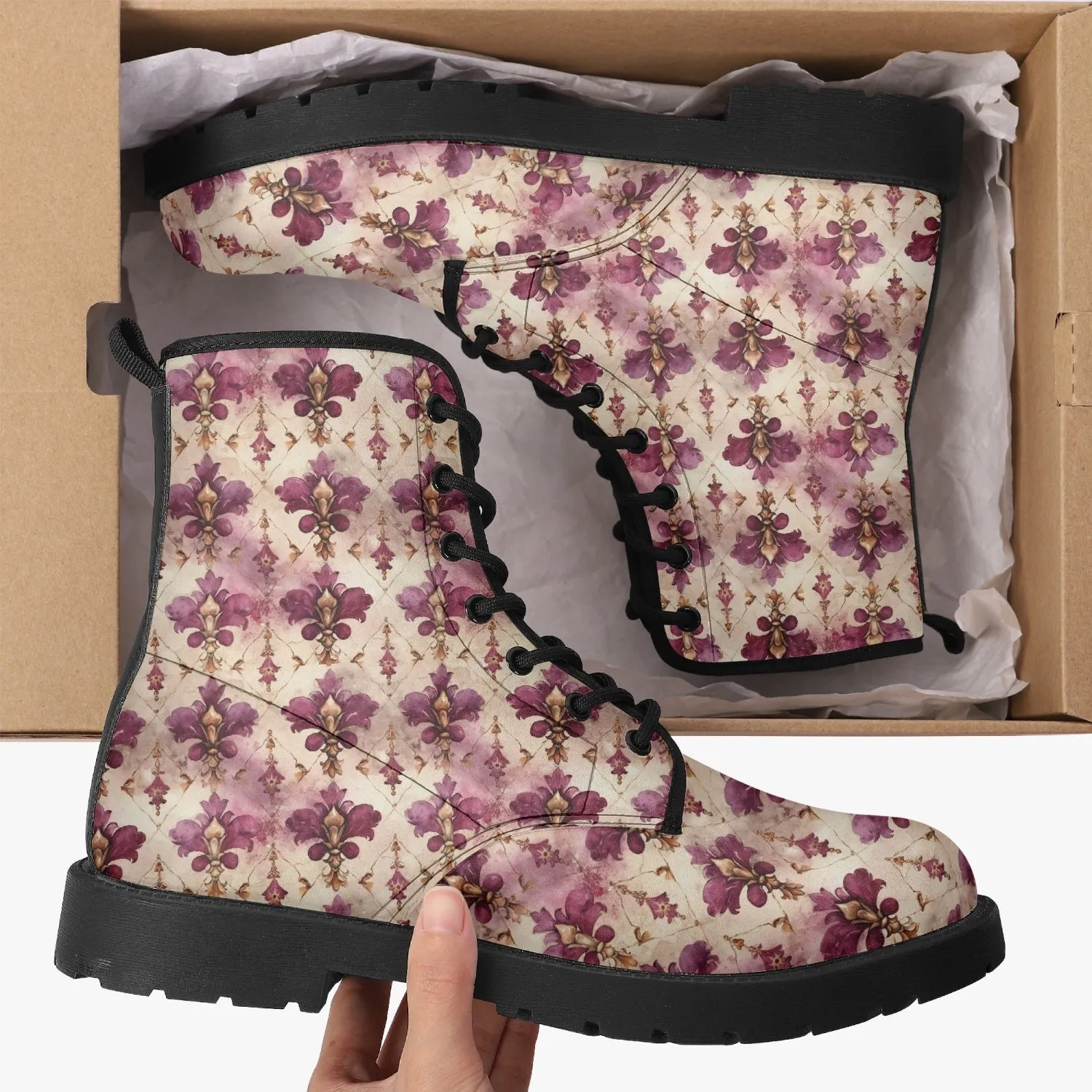 White Pink Damask Leather Combat Boots