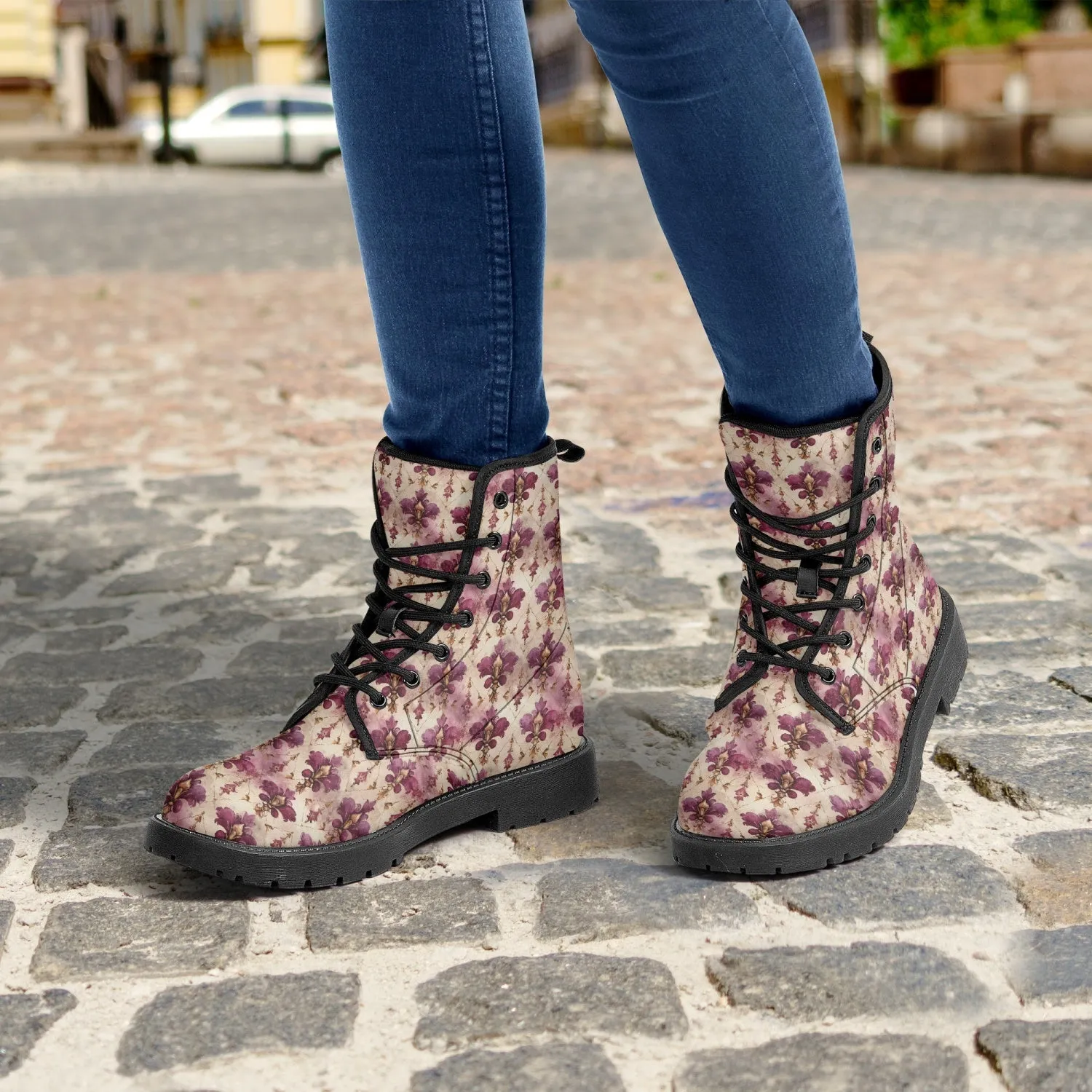 White Pink Damask Leather Combat Boots