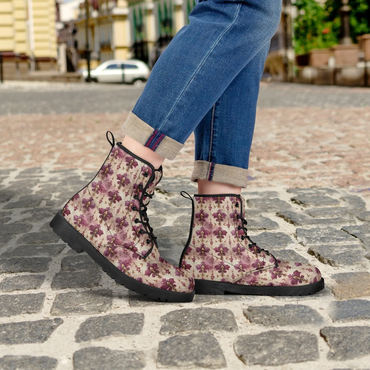 White Pink Damask Leather Combat Boots