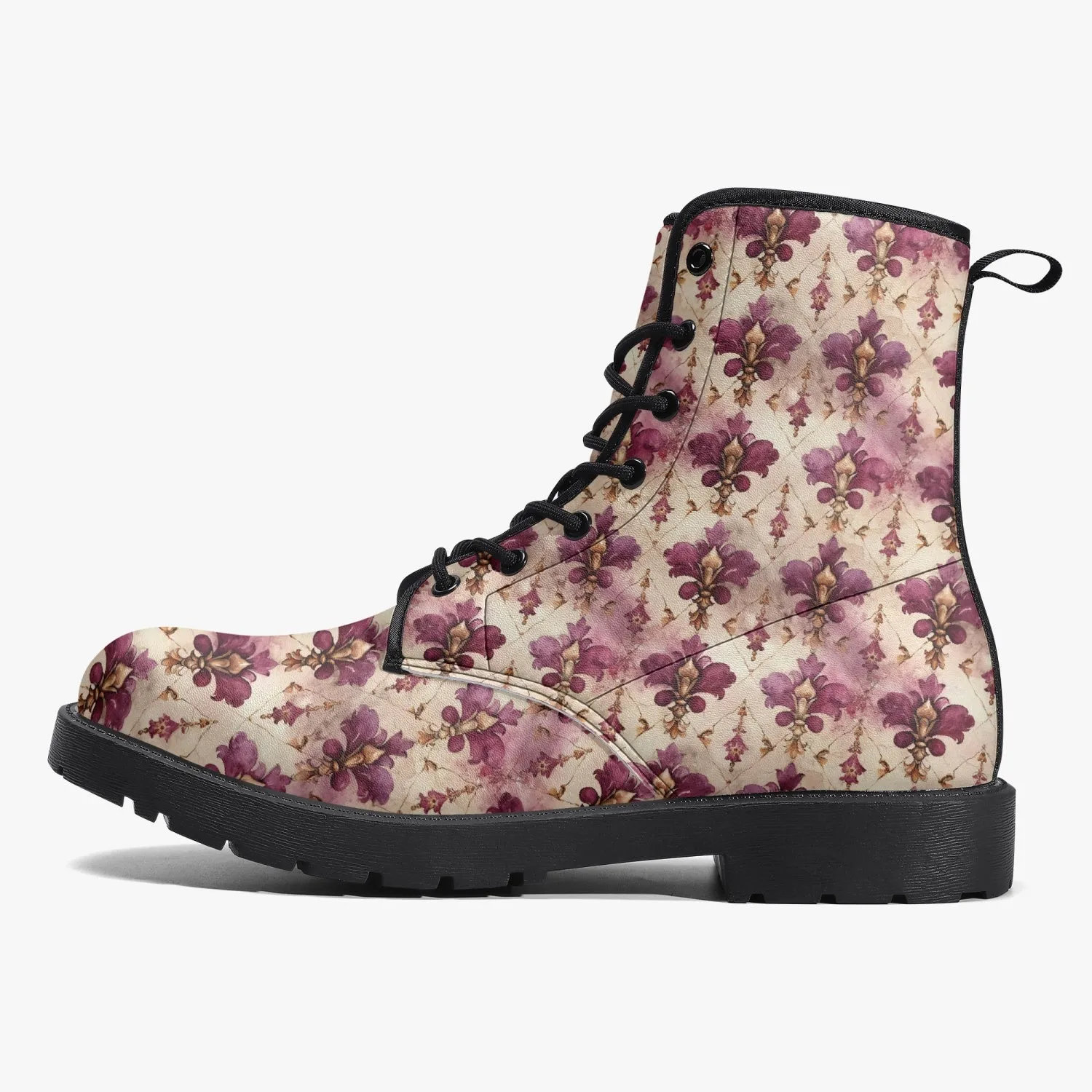 White Pink Damask Leather Combat Boots