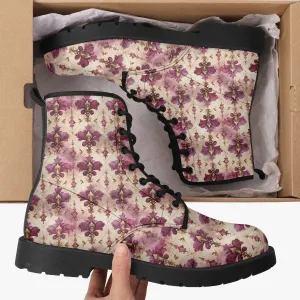 White Pink Damask Leather Combat Boots