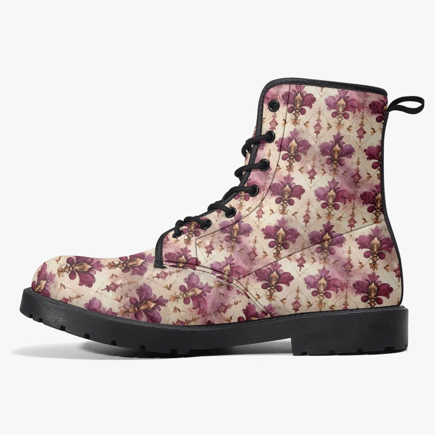 White Pink Damask Leather Combat Boots