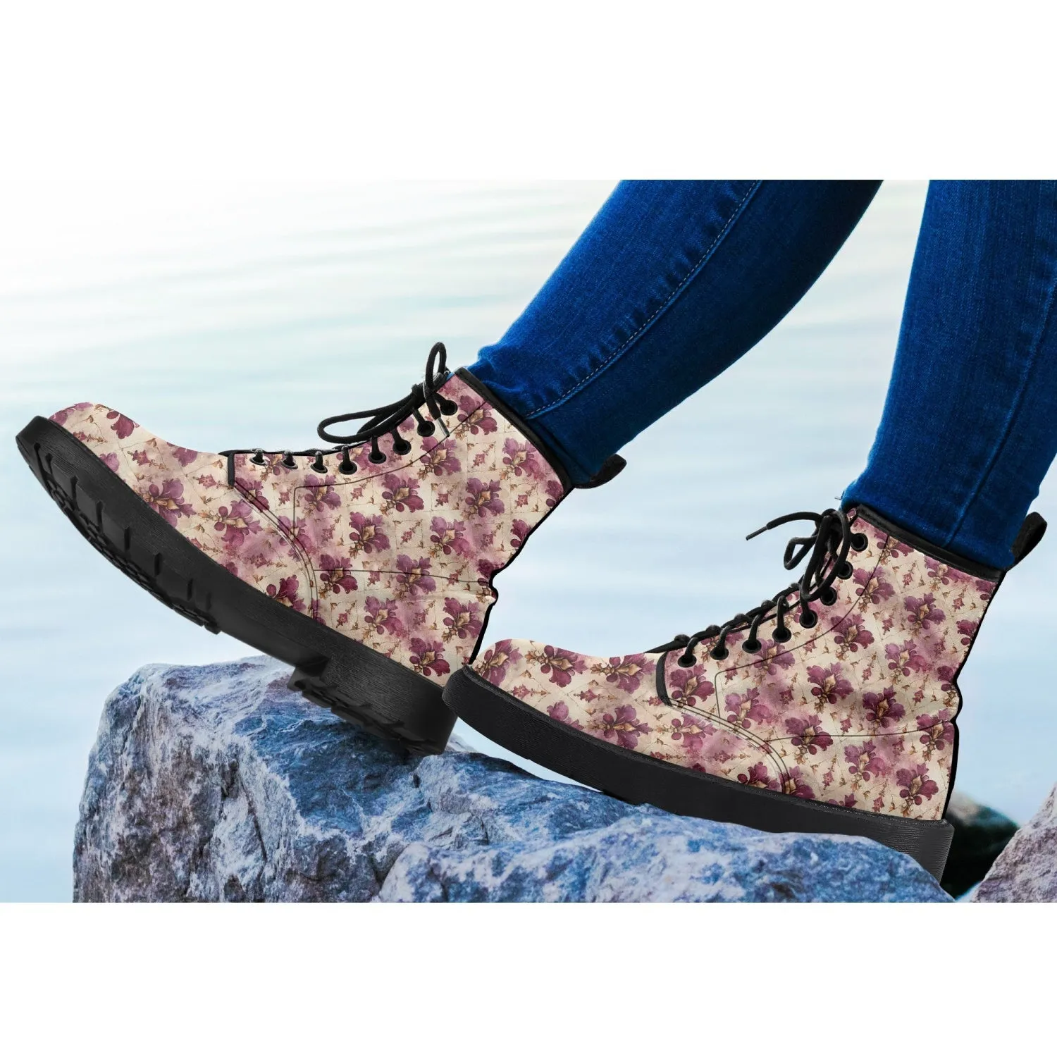 White Pink Damask Leather Combat Boots