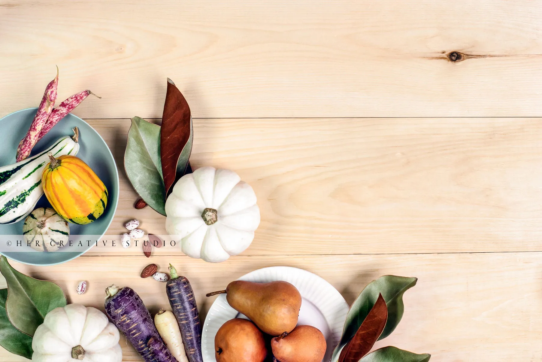 White Pumpkin, Pears & Magnolia on Wooden Table