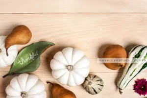 White Pumpkin, Thankful & Gourds on Wooden Table