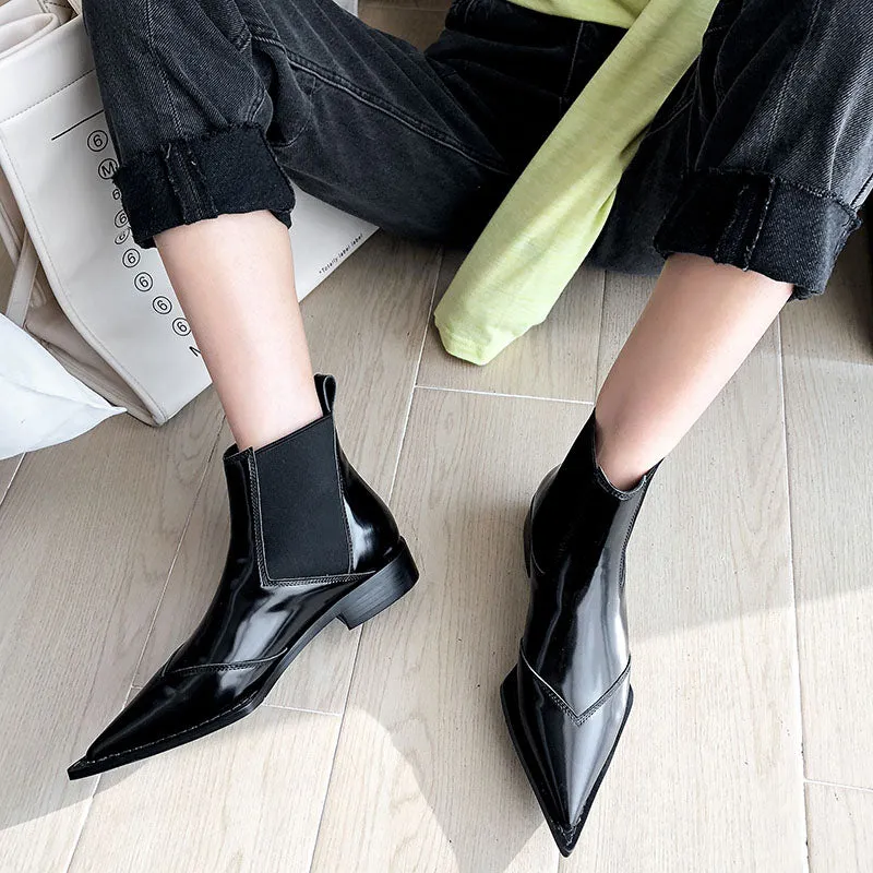 Women Motorcycle Boots Slip-on Low Heels Black Shoes