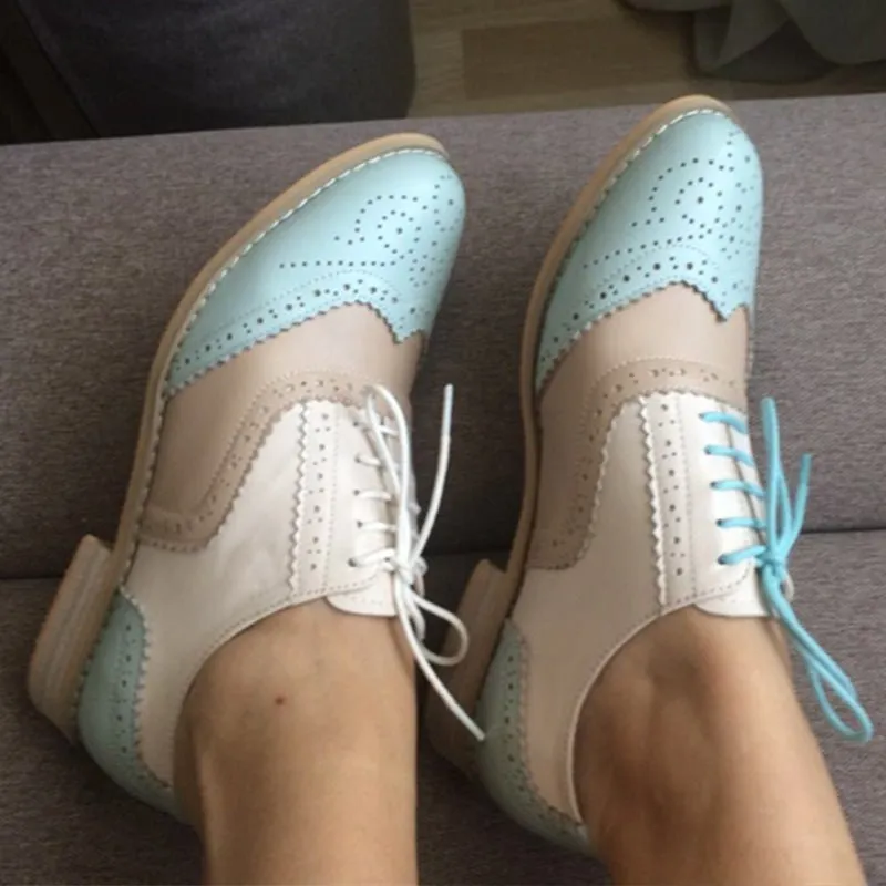 Women vintage flat shoes round toe handmade oxford