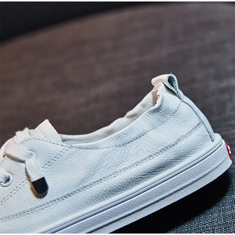 Women White Flats Pu Soft Leather Sneakers Canvas Loafers