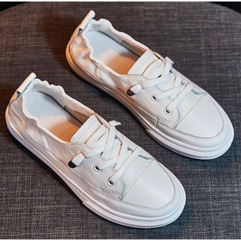 Women White Flats Pu Soft Leather Sneakers Canvas Loafers
