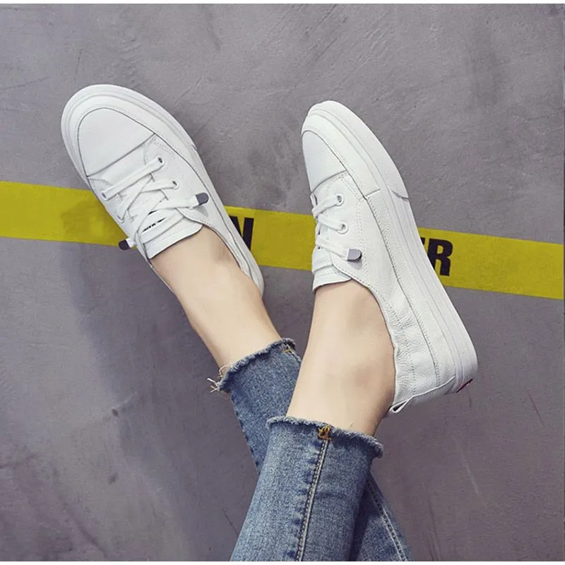Women White Flats Pu Soft Leather Sneakers Canvas Loafers