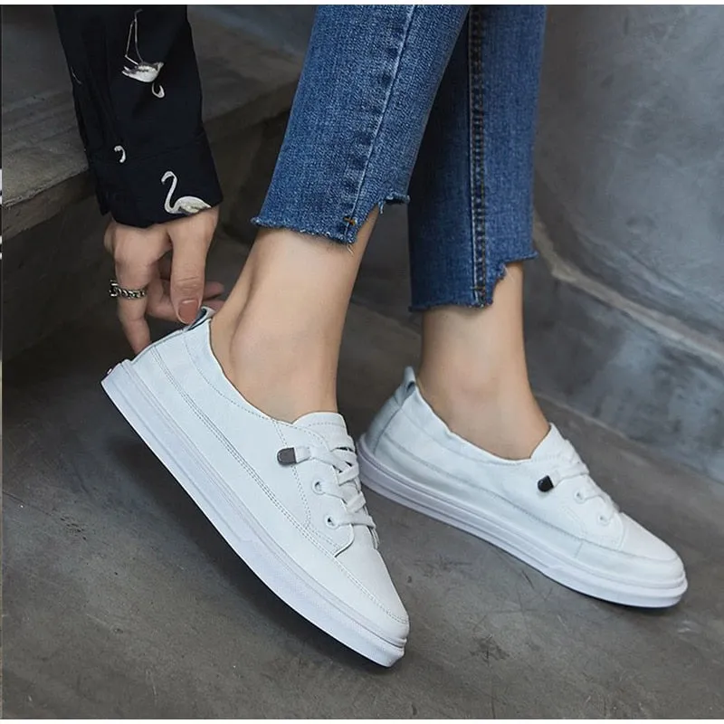 Women White Flats Pu Soft Leather Sneakers Canvas Loafers