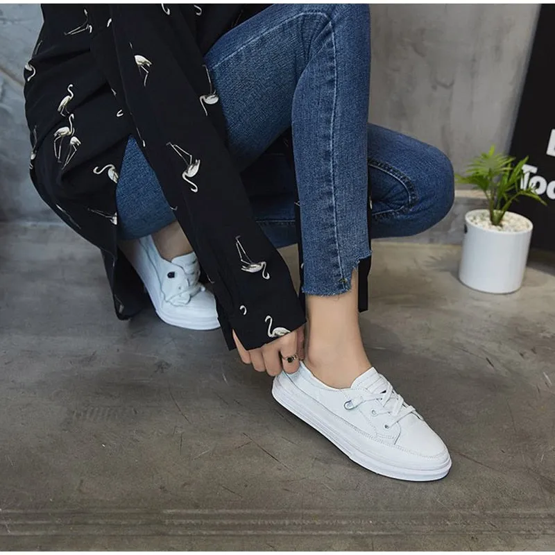 Women White Flats Pu Soft Leather Sneakers Canvas Loafers