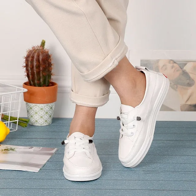Women White Flats Pu Soft Leather Sneakers Canvas Loafers