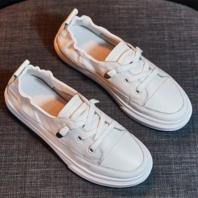 Women White Flats Pu Soft Leather Sneakers Canvas Loafers