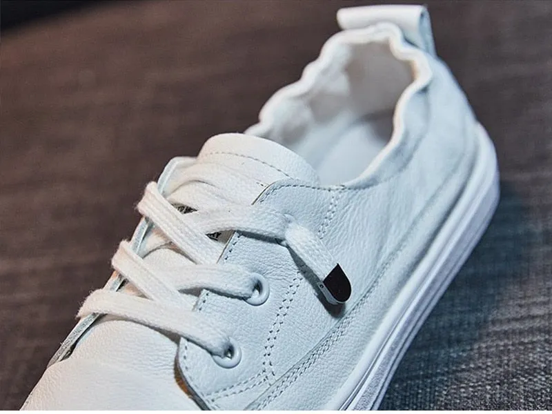 Women White Flats Pu Soft Leather Sneakers Canvas Loafers