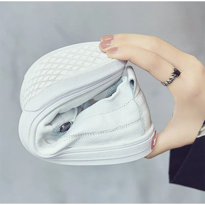 Women White Flats Pu Soft Leather Sneakers Canvas Loafers