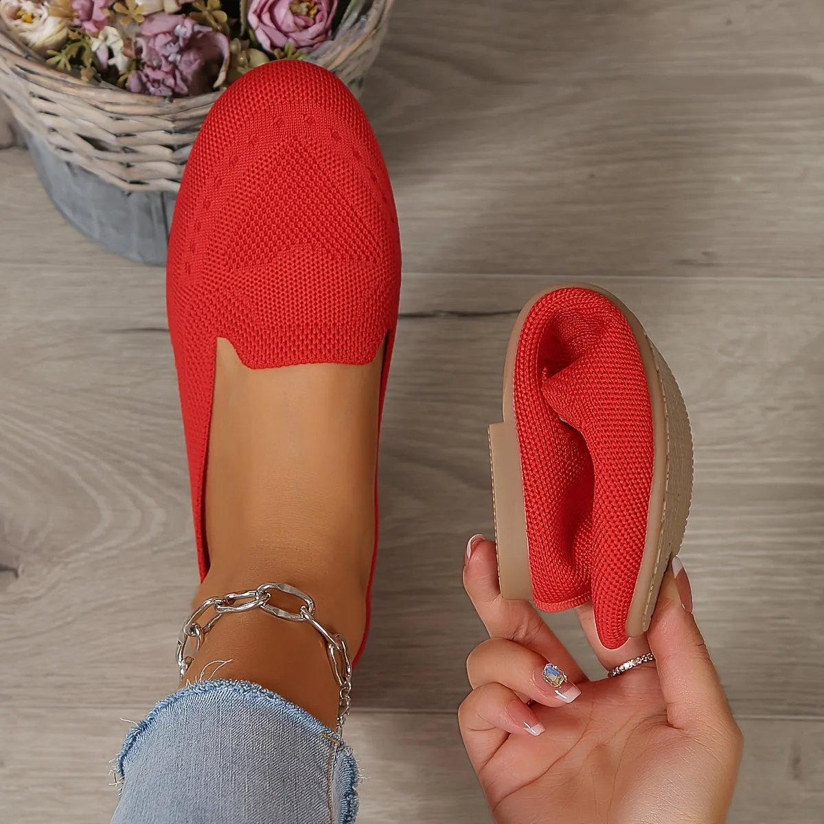 Women's Black Slip On Flats, Breathable Knitted Round Toe Non-slip Shoes, Casual Lightweight Walking Shoes