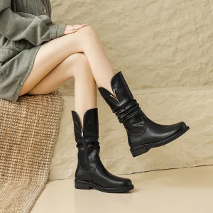 Womens Fold Leather Mid Calf Western Boots In Brown/Black - Round Toe 35mm Block Heeled