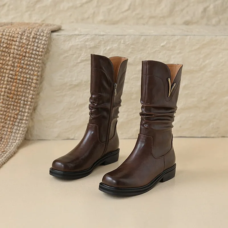 Womens Fold Leather Mid Calf Western Boots In Brown/Black - Round Toe 35mm Block Heeled