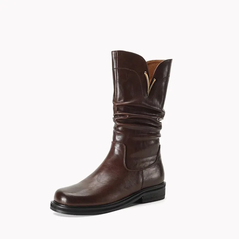Womens Fold Leather Mid Calf Western Boots In Brown/Black - Round Toe 35mm Block Heeled