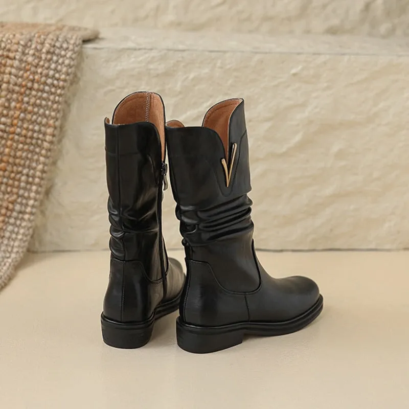 Womens Fold Leather Mid Calf Western Boots In Brown/Black - Round Toe 35mm Block Heeled