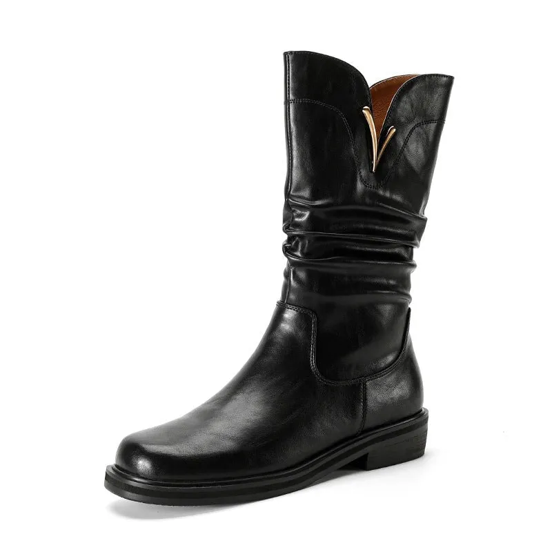 Womens Fold Leather Mid Calf Western Boots In Brown/Black - Round Toe 35mm Block Heeled
