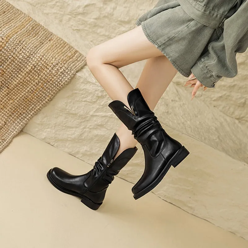 Womens Fold Leather Mid Calf Western Boots In Brown/Black - Round Toe 35mm Block Heeled