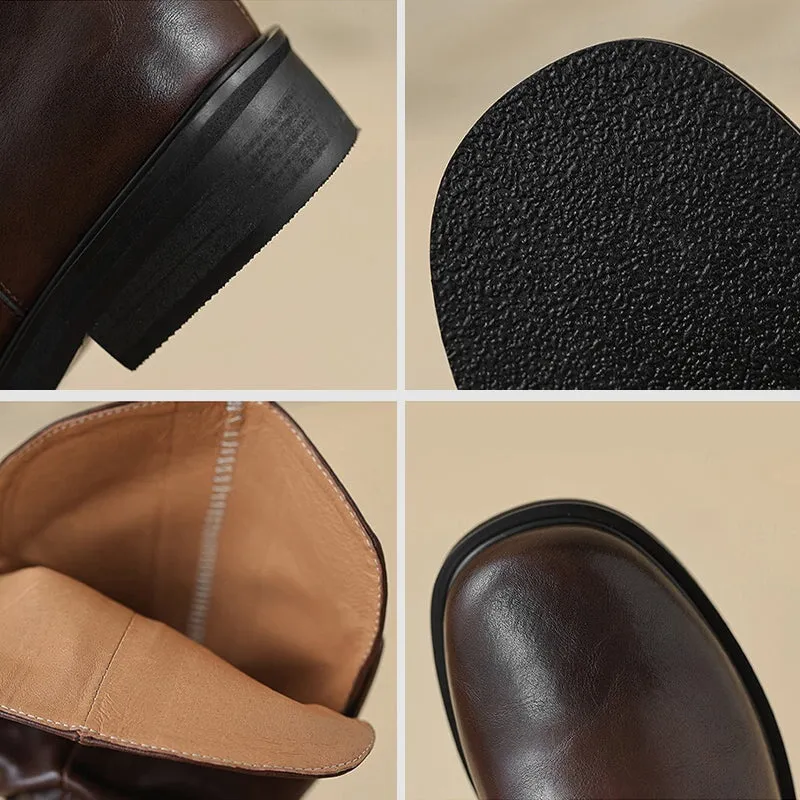 Womens Fold Leather Mid Calf Western Boots In Brown/Black - Round Toe 35mm Block Heeled
