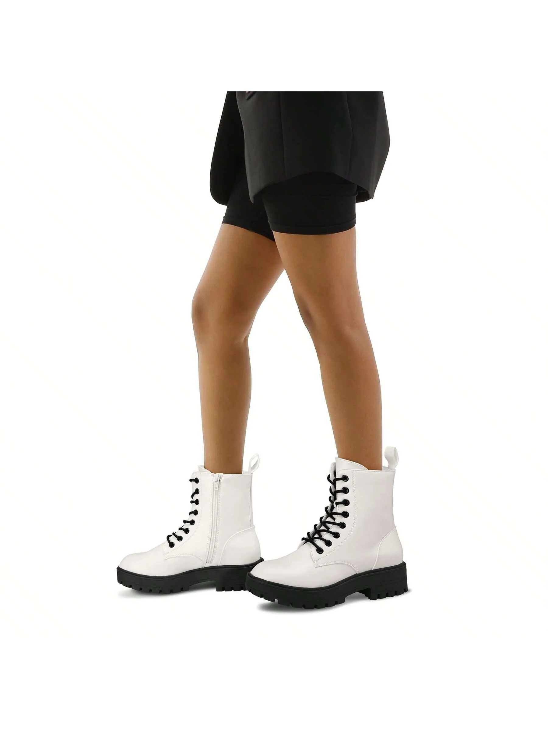 Women's Lace-Up Ankle Boots with Chunky Low Heel & Side Zipper