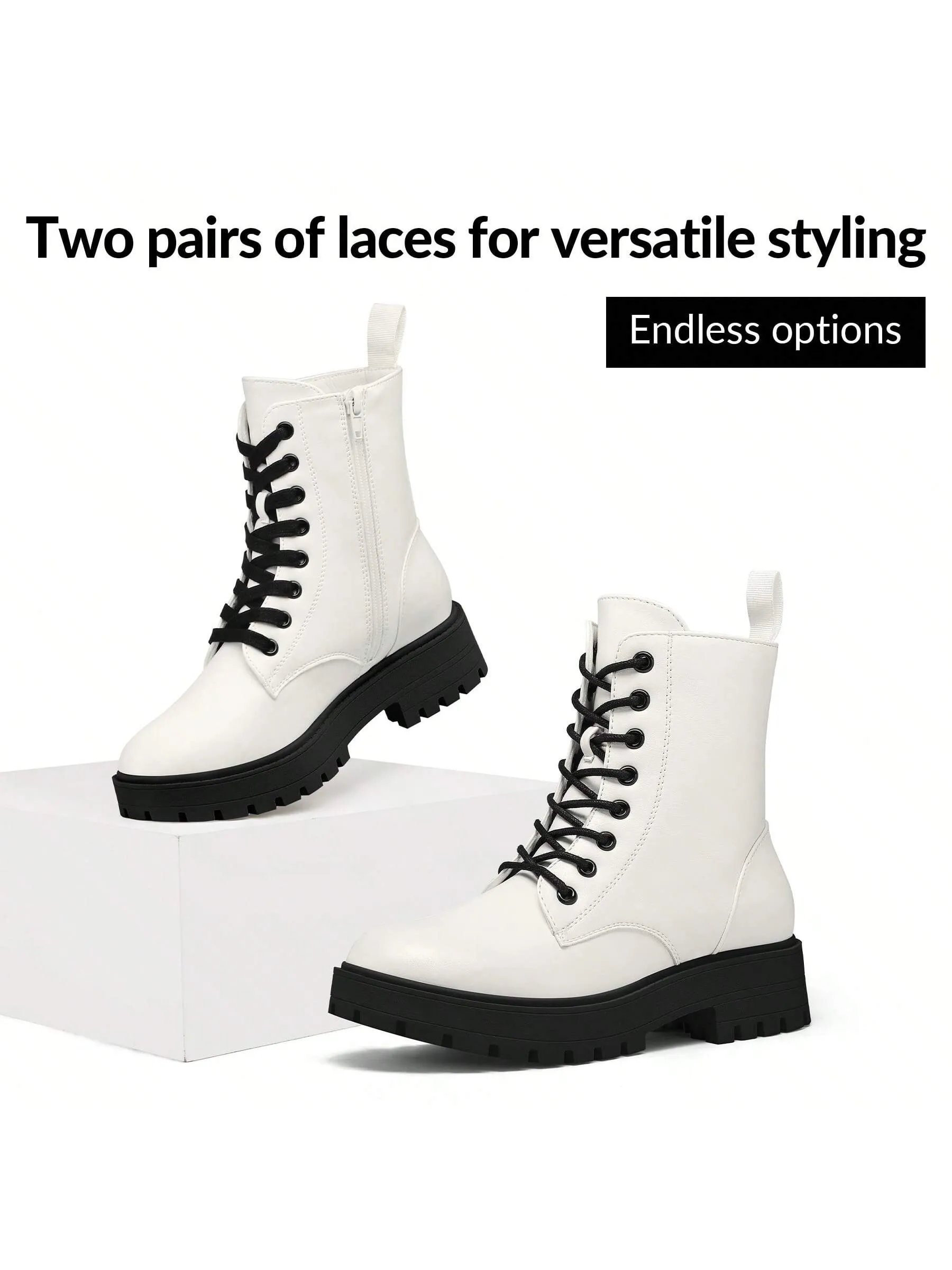 Women's Lace-Up Ankle Boots with Chunky Low Heel & Side Zipper