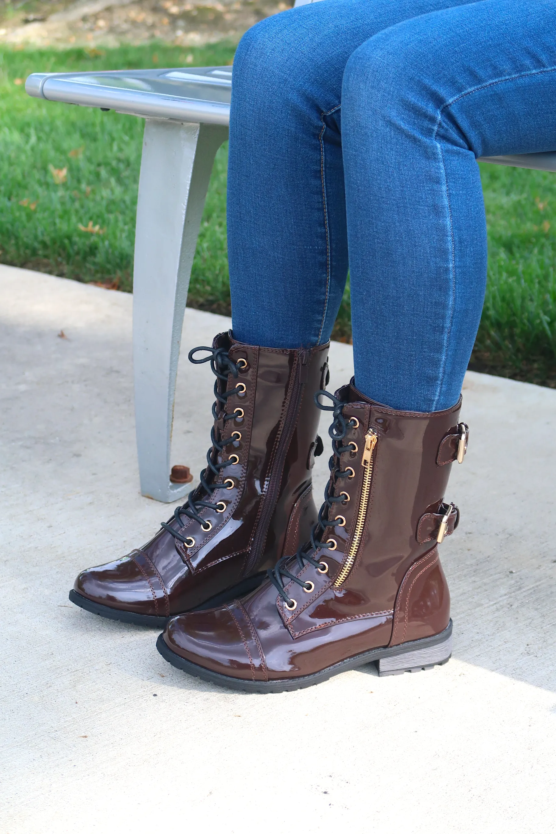Women's Patent Color Buckle Strap Style Combat Boots
