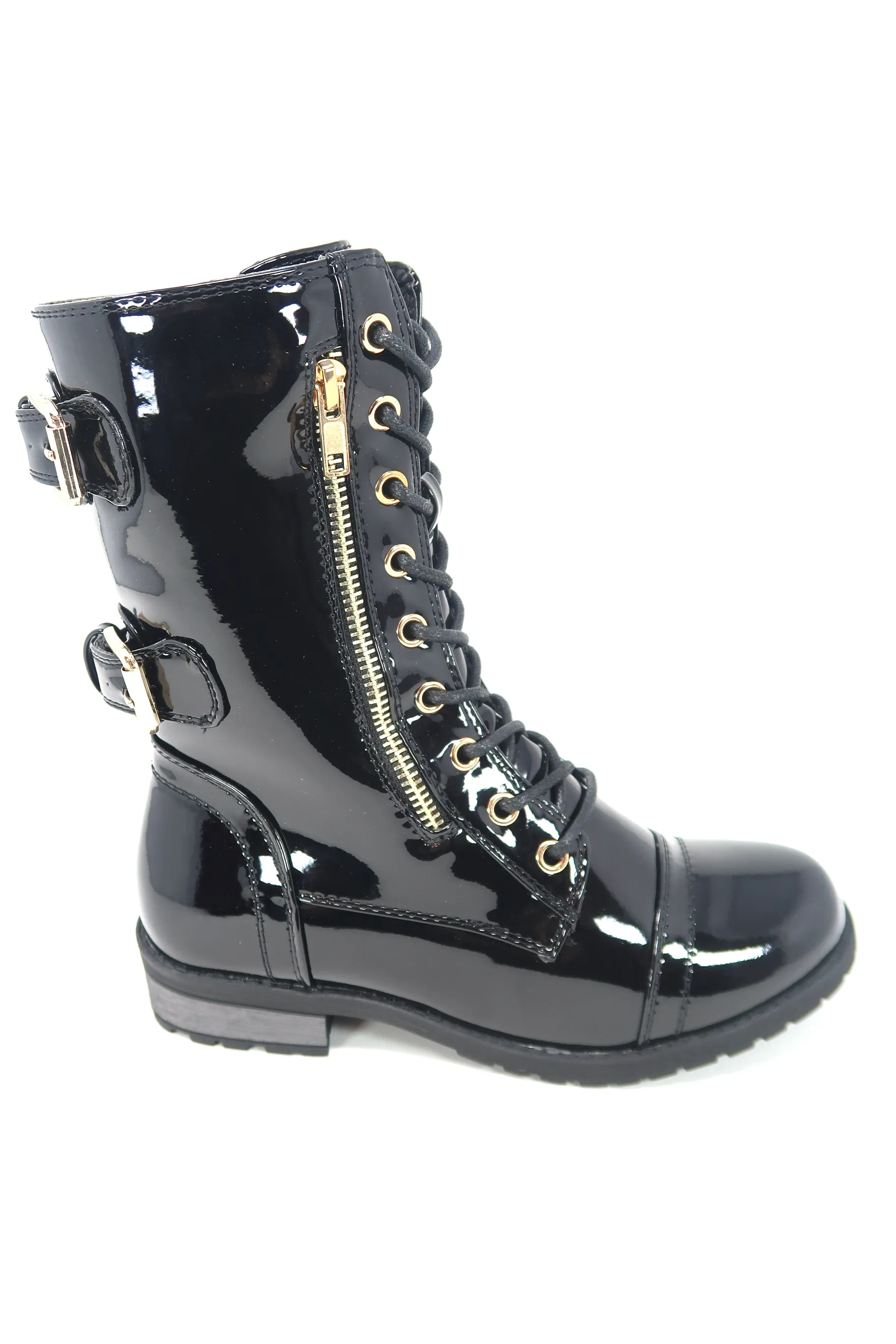 Women's Patent Color Buckle Strap Style Combat Boots