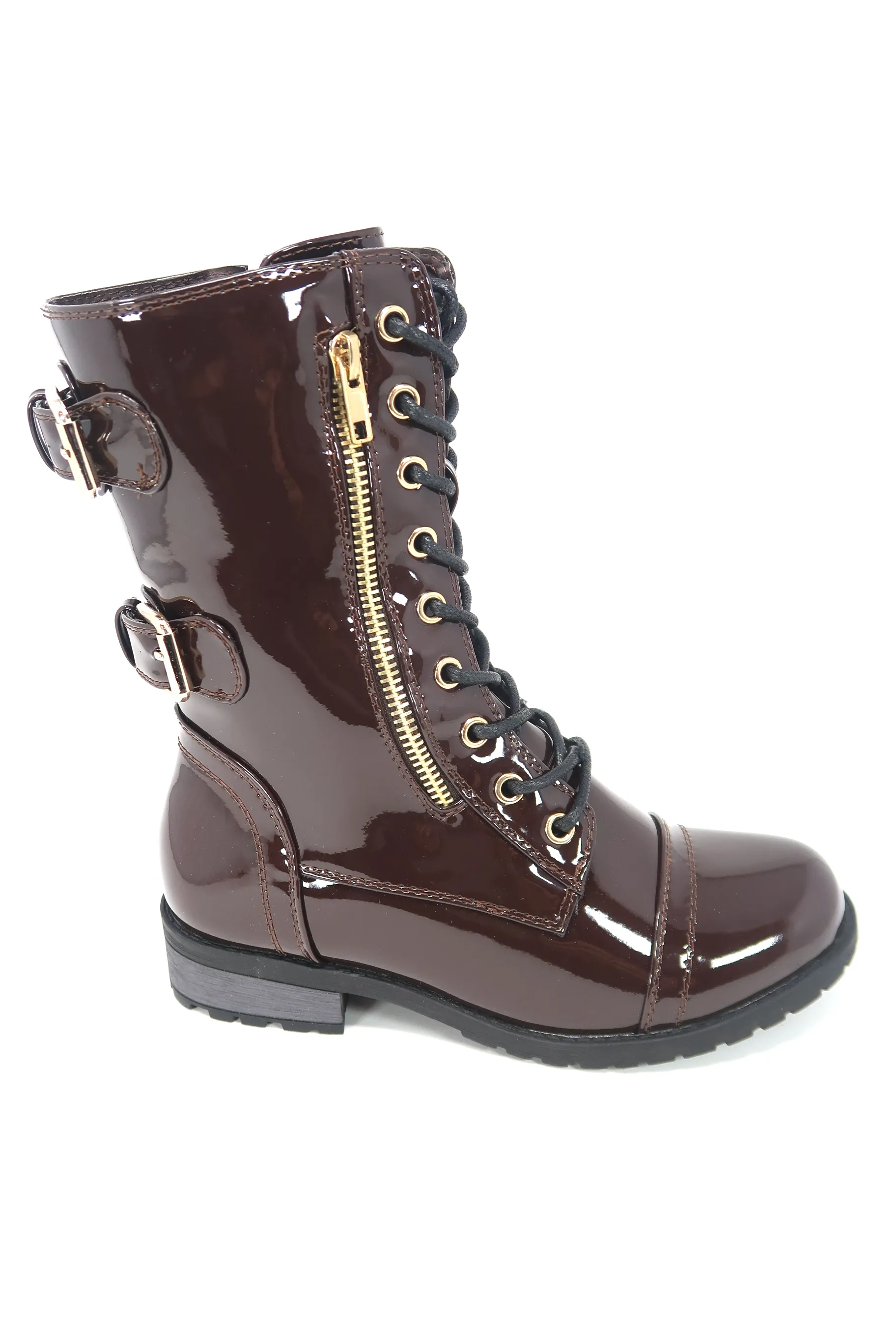 Women's Patent Color Buckle Strap Style Combat Boots