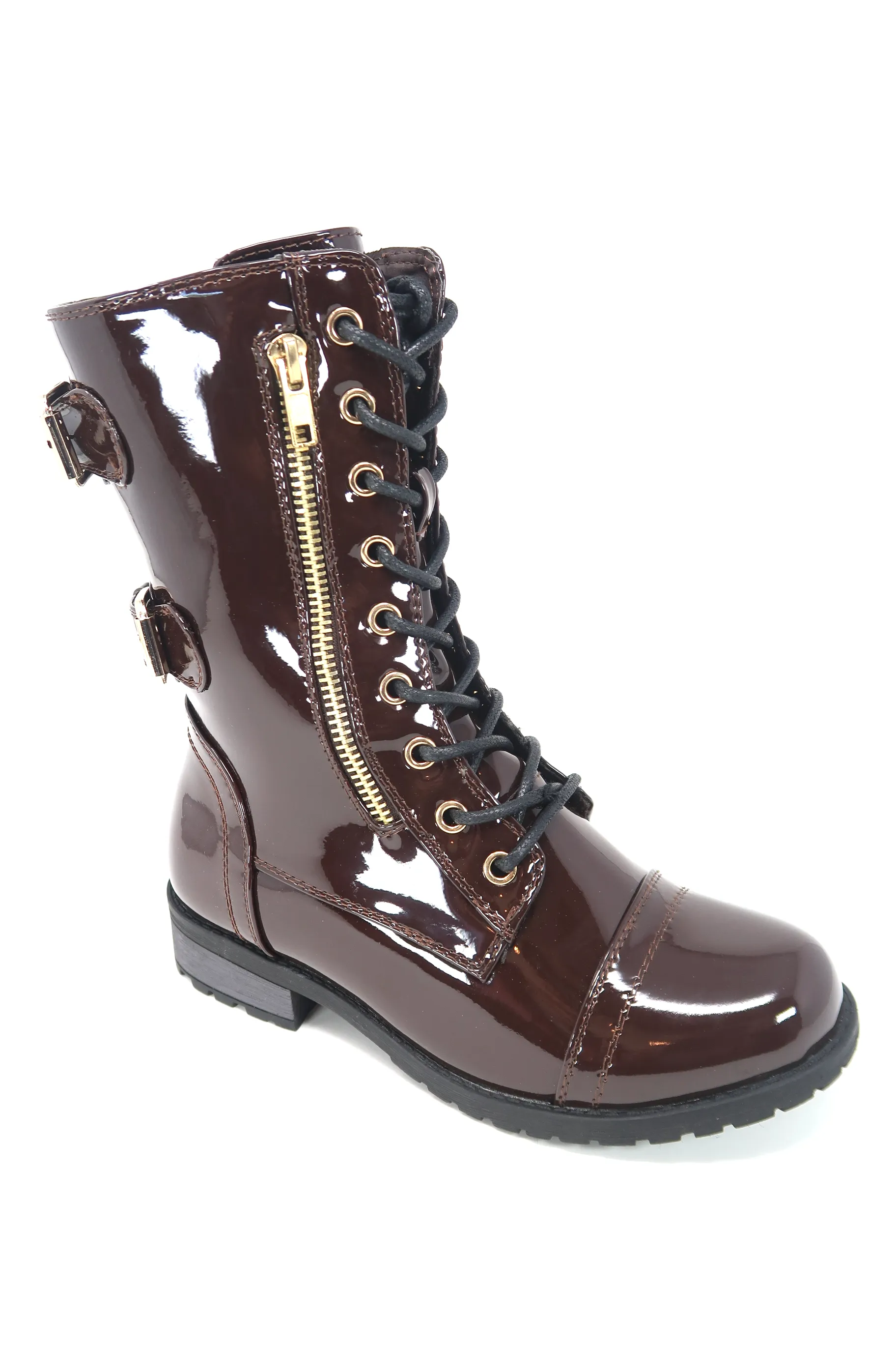 Women's Patent Color Buckle Strap Style Combat Boots