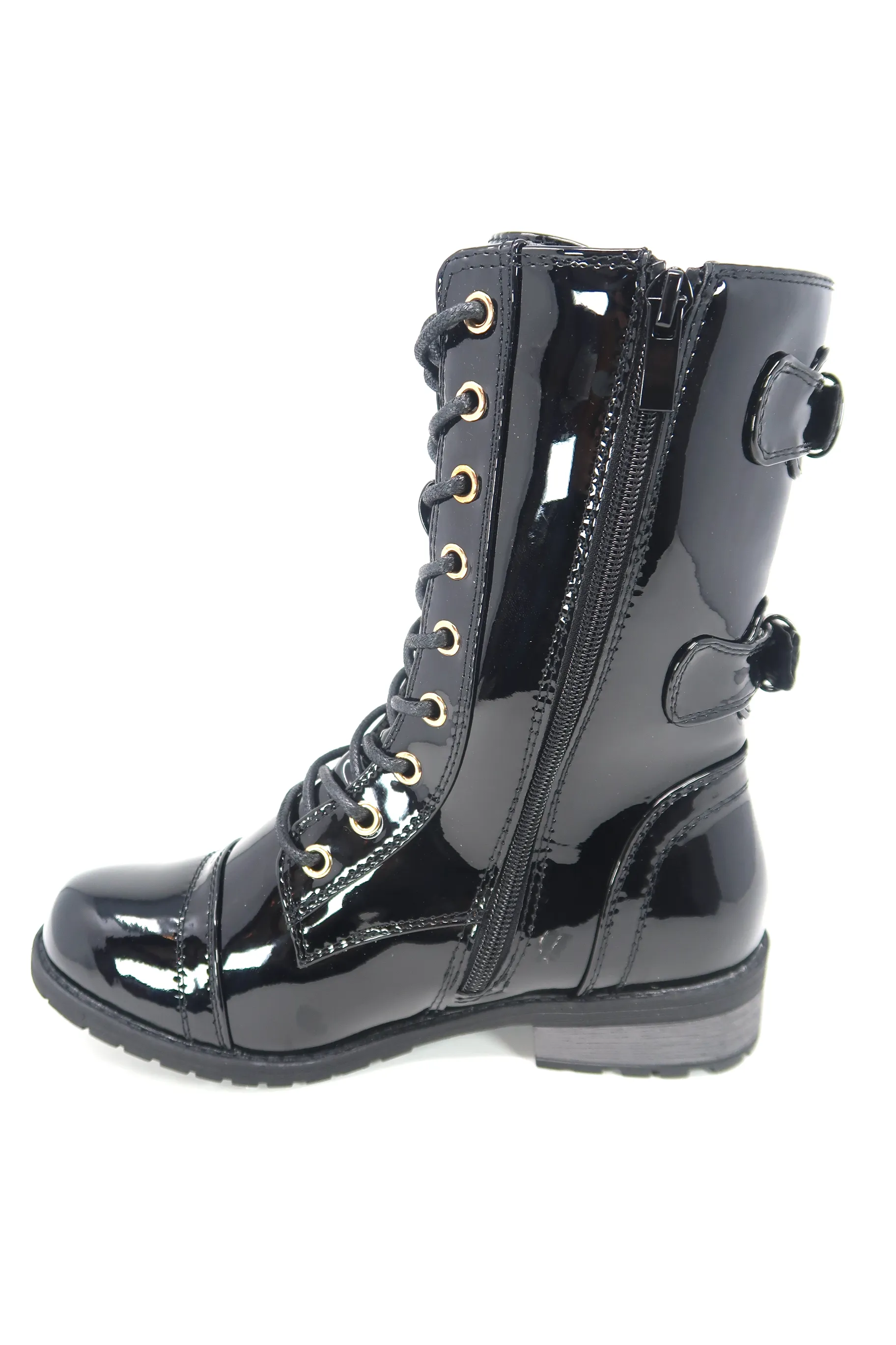 Women's Patent Color Buckle Strap Style Combat Boots