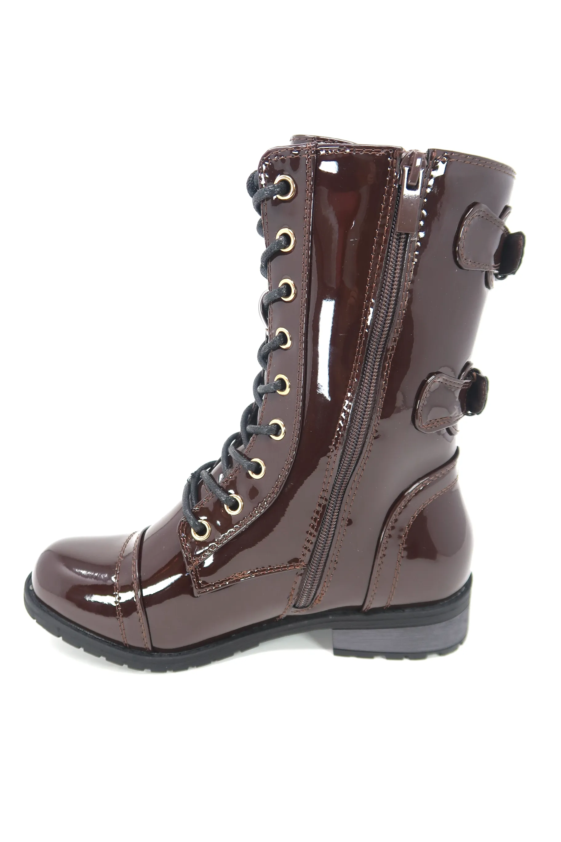 Women's Patent Color Buckle Strap Style Combat Boots