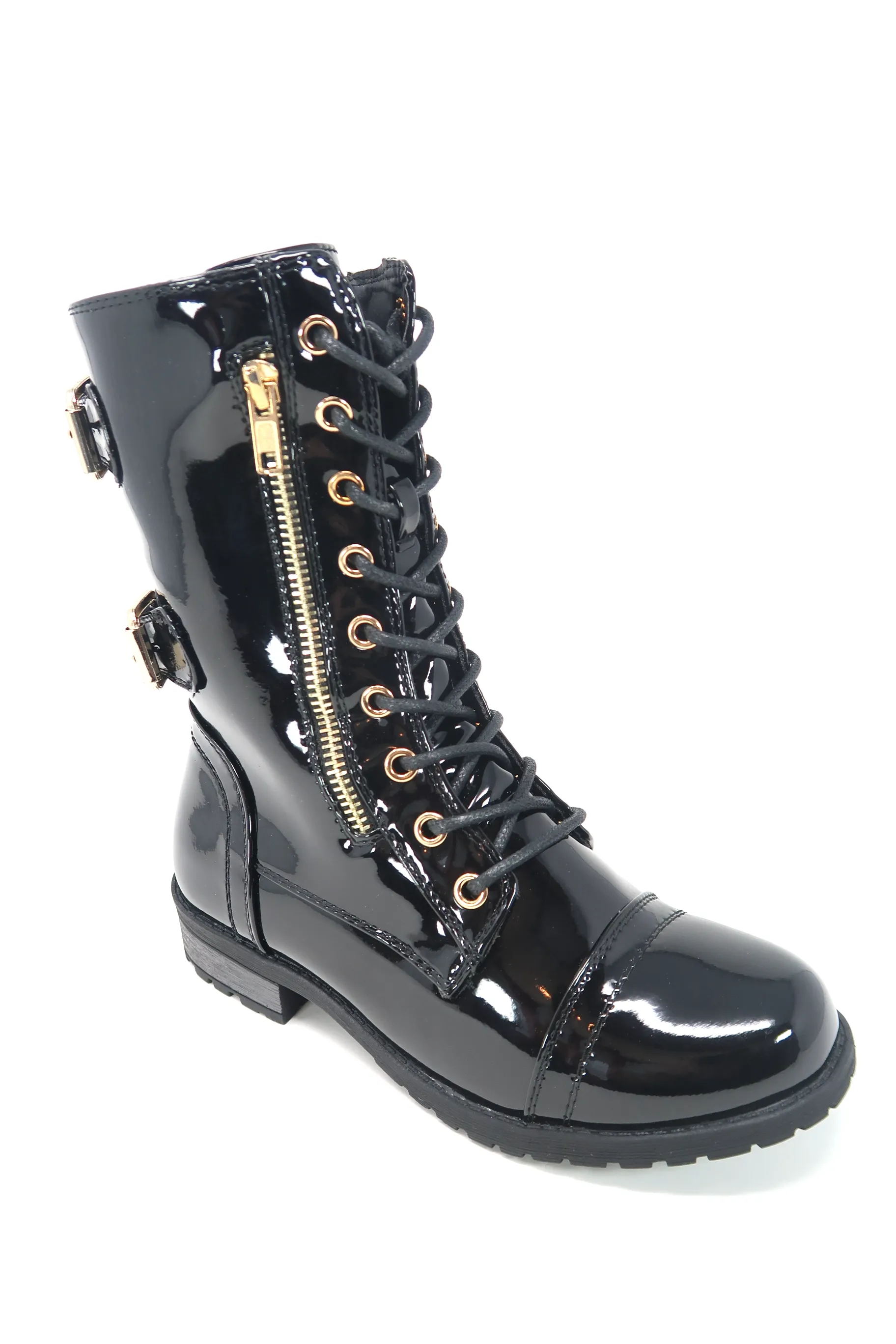 Women's Patent Color Buckle Strap Style Combat Boots
