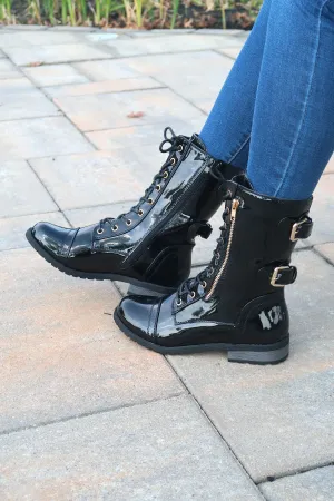 Women's Patent Color Buckle Strap Style Combat Boots