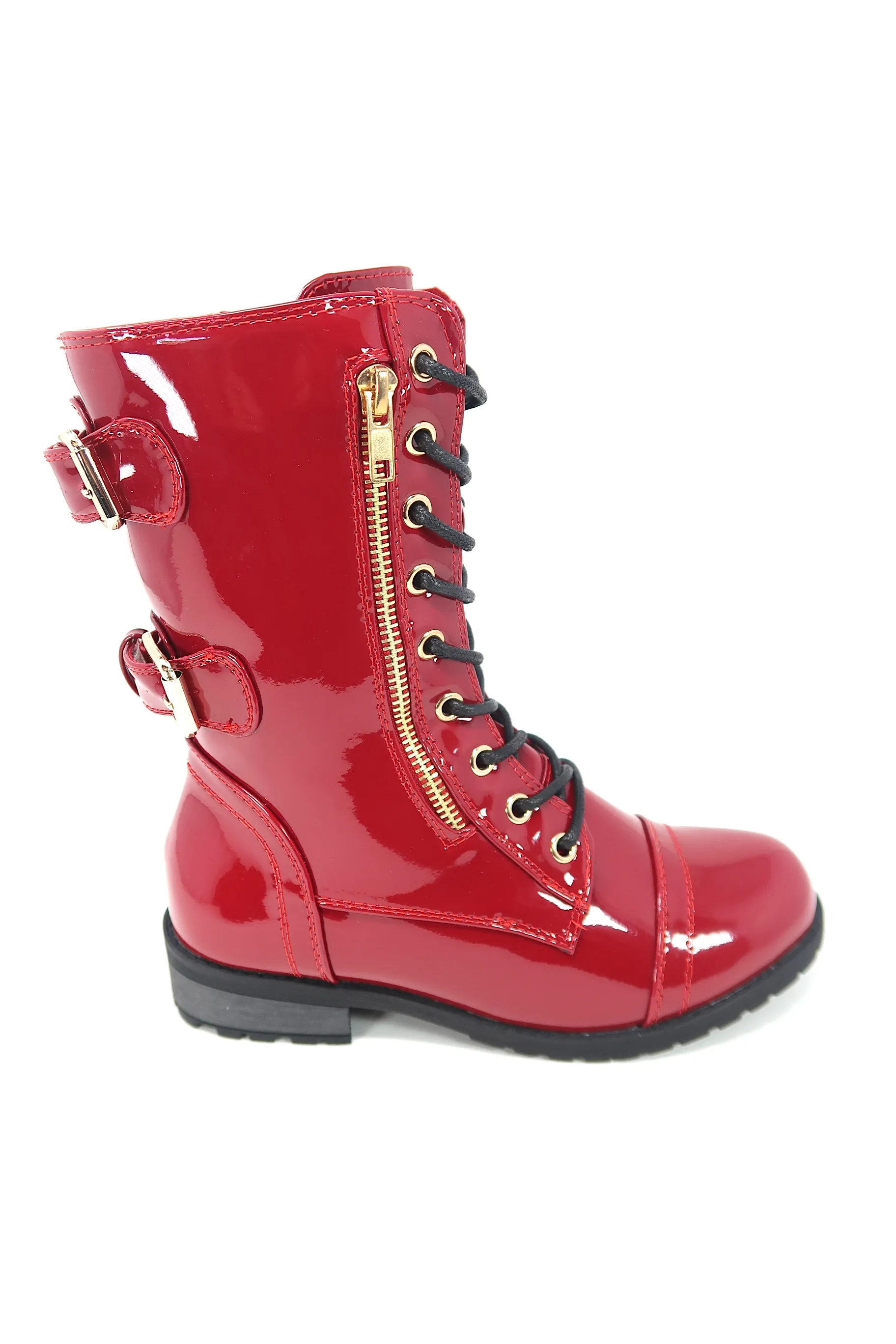 Women's Patent Color Buckle Strap Style Combat Boots