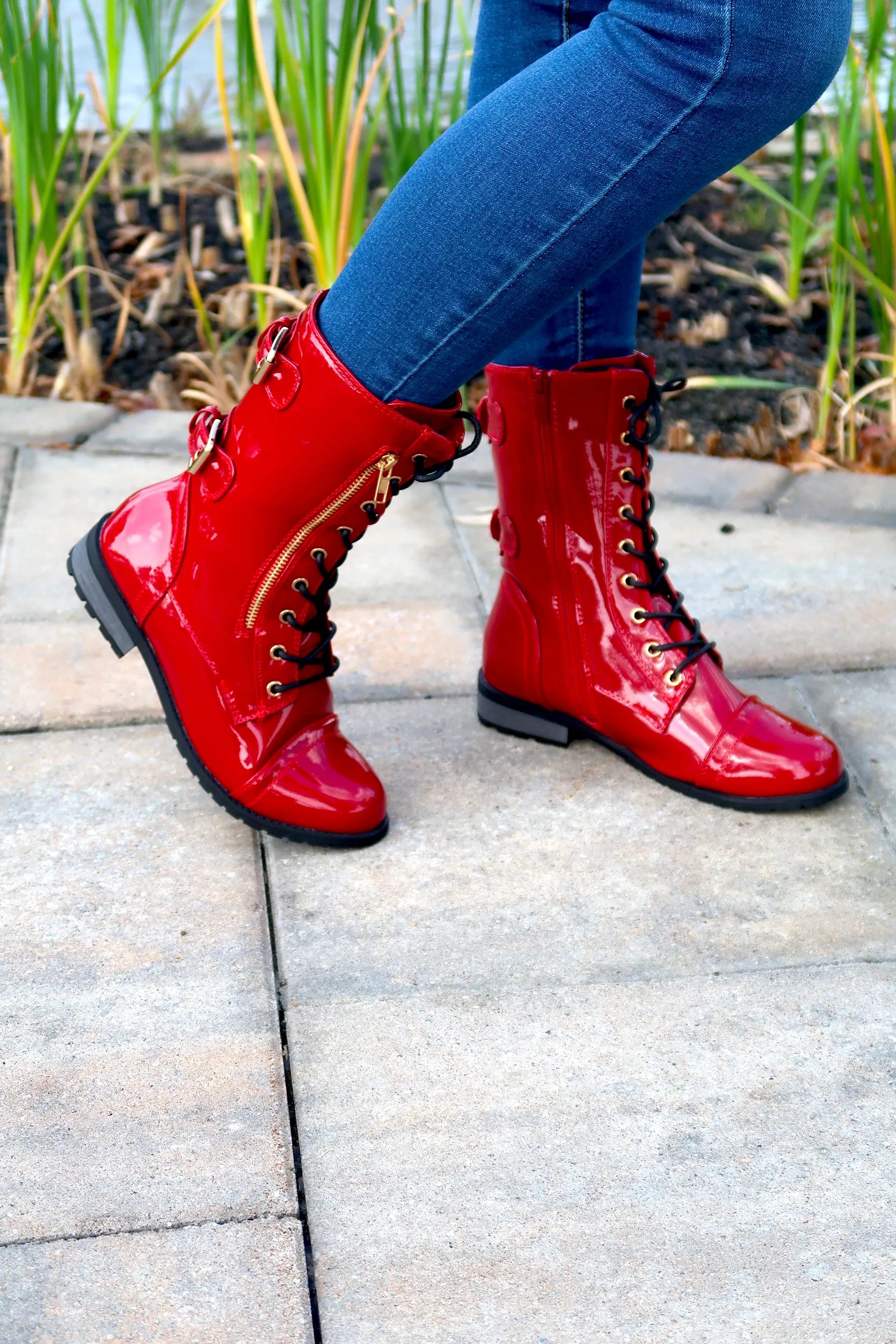 Women's Patent Color Buckle Strap Style Combat Boots