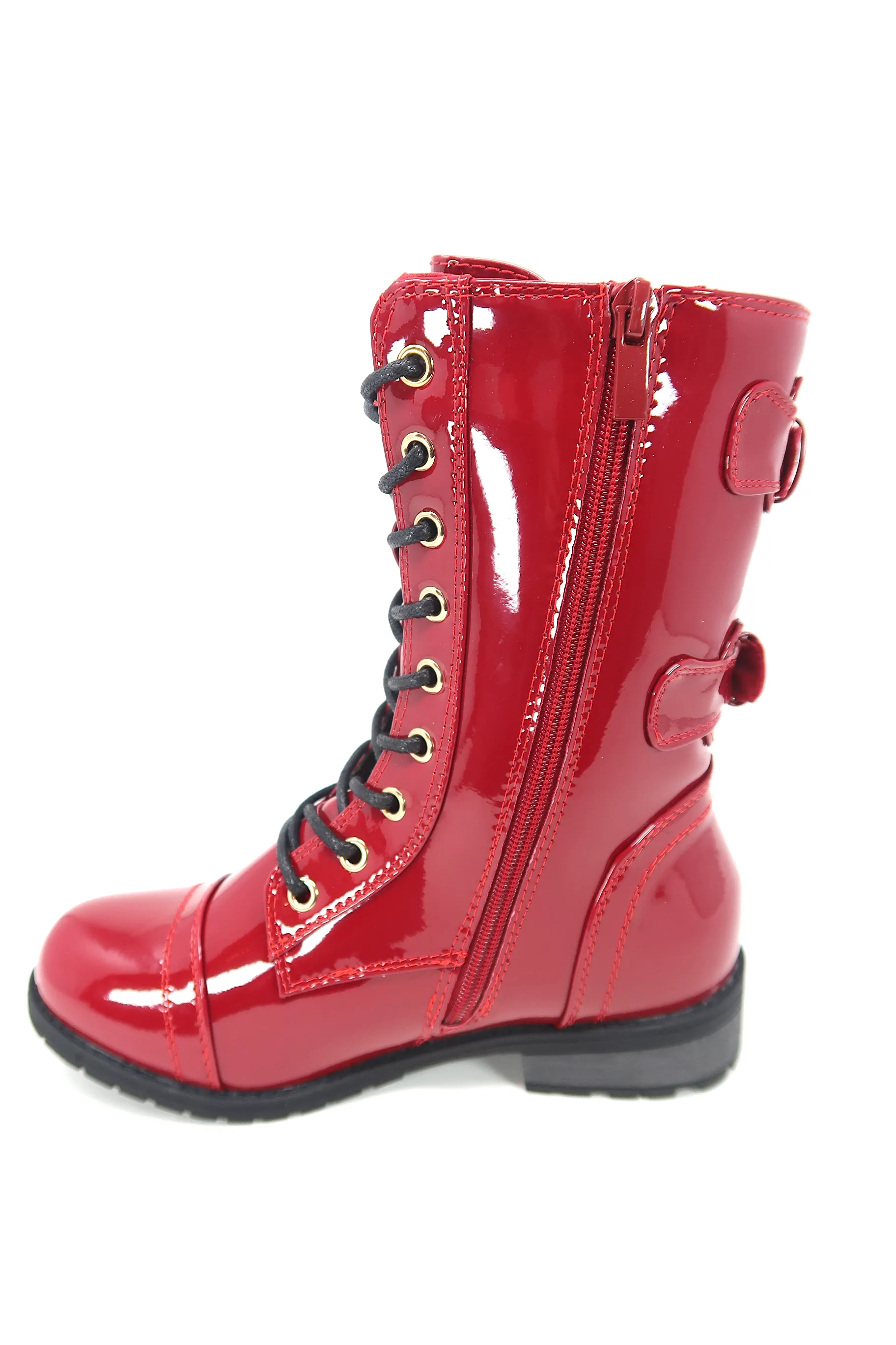 Women's Patent Color Buckle Strap Style Combat Boots