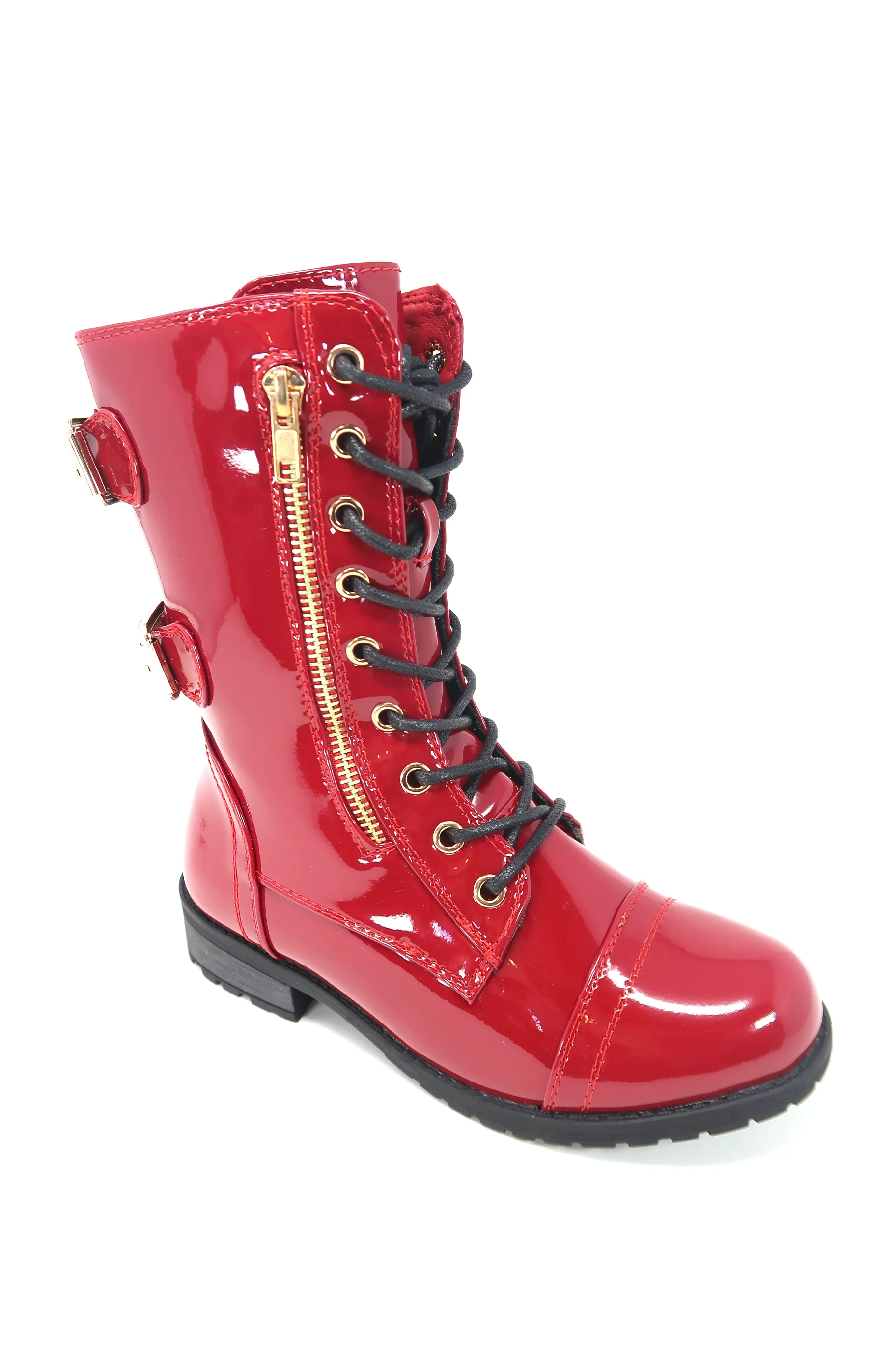 Women's Patent Color Buckle Strap Style Combat Boots