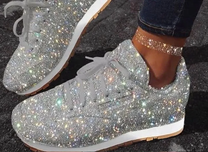 Women's Sneakers Flat Vulcanized Shoes Lace Up Bling Bling Platform